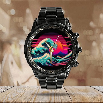Discover Vaperwave Aesthetic Glitch Great Wave Retrowave Sy Calendar Steel Band Watch