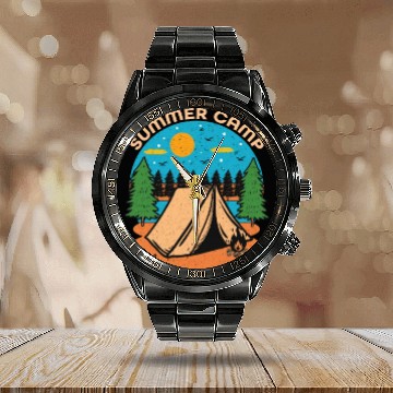 Discover Happy Summer Camp Camping Lover FunnyT-Calendar Steel Band Watch