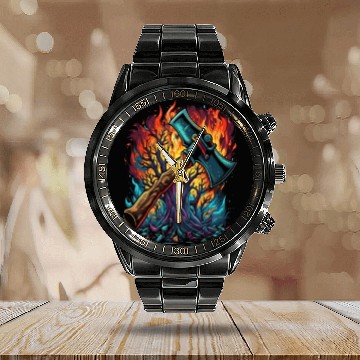 Discover Firefighter Fire Rescue Axes in Flame Fire Calendar Steel Band Watch