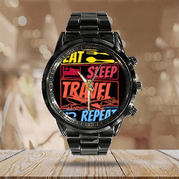Discover Eat Sleep Travel Repeat Calendar Steel Band Watch