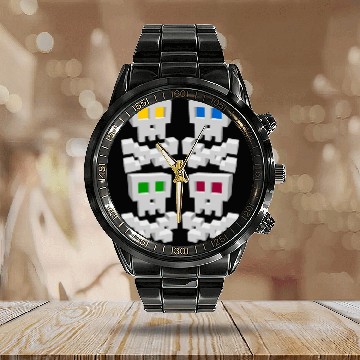 Discover 8-bit Pixel Pop Art Style Pirate Flag Skulls Calendar Steel Band Watch