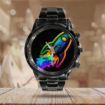 Discover Psychedelic Retro Neon Rocket Calendar Steel Band Watch