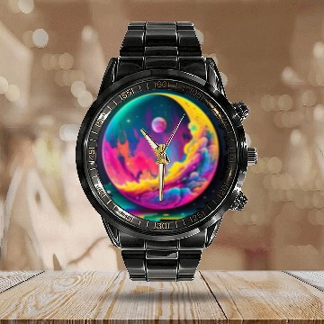 Discover Neon Abstract Watercolor Moon Calendar Steel Band Watch