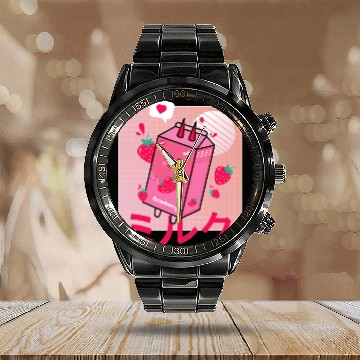 Discover Strawberry Milk Shake Funny Retro 90s Japanese Calendar Steel Band Watch
