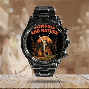 Discover Bonfire and Nature Camping Wildlife Camper Outdoor Calendar Steel Band Watch