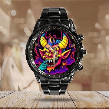 Discover 90's Style Neon Cartoon Crazy Devil Calendar Steel Band Watch