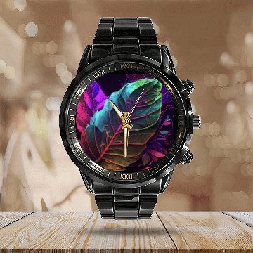 Discover Vibrant Leaf Synthwave Calendar Steel Band Watch
