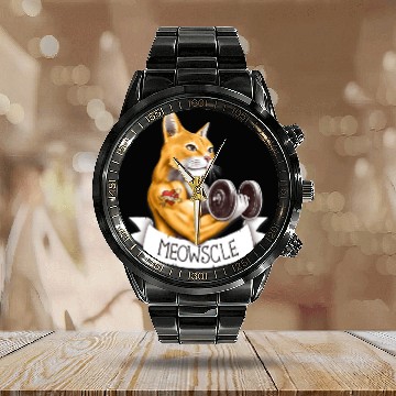 Discover Meowscle Workout Cat Pun Calendar Steel Band Watch