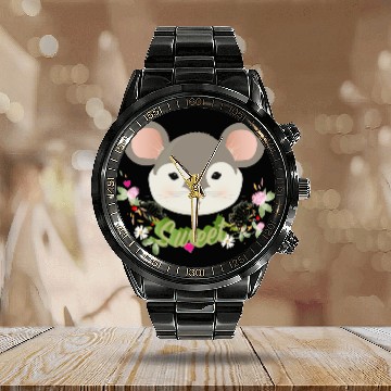 Discover Magical sweet mouse with delicate green in spring Calendar Steel Band Watch