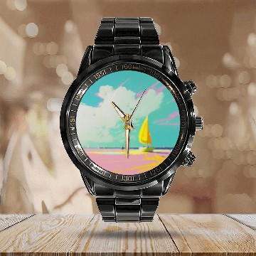 Discover Gouache Pastel Serene Beach Scene Calendar Steel Band Watch
