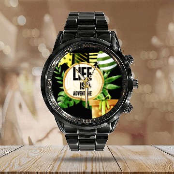 Discover Life Is Adventure - Green And Gold Nature Party Calendar Steel Band Watch