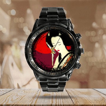 Discover Geisha, traditional digital art, Japan Calendar Steel Band Watch