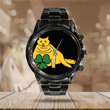 Discover Saint Patricks Day Yellow Chonk Cat with Shamrock Calendar Steel Band Watch