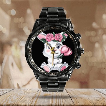 Discover Baby Easter Bunny with Flowers cute Easter Egg Calendar Steel Band Watch