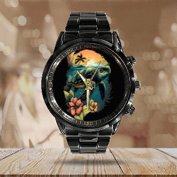 Discover Turtle Hawaiian Sea Turtles Hibiscus Flower Calendar Steel Band Watch