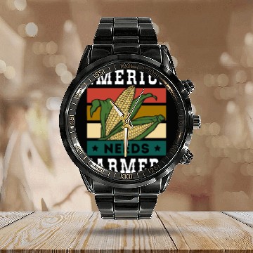 Discover America Needs Farmers Calendar Steel Band Watch