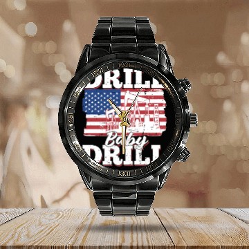 Discover Oilfield Oil Drilling Us Flag Drill Baby Drill Calendar Steel Band Watch