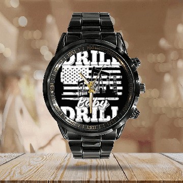 Discover Oilfield Oil Drilling Us Flag Drill Baby Drill Calendar Steel Band Watch