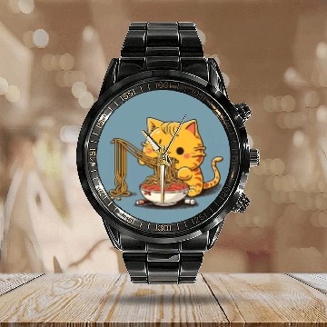 Discover Japanese cat eating spaghetti Calendar Steel Band Watch
