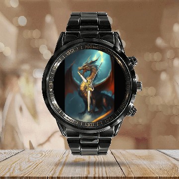 Discover Mystical Dragon in storm Calendar Steel Band Watch