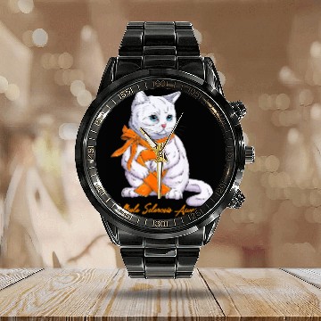 Discover Multiple Sclerosis MS Awareness Cute Cat Wear Oran Calendar Steel Band Watch