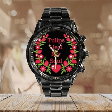 Discover Tulip Gardening Hearts Calendar Steel Band Watch