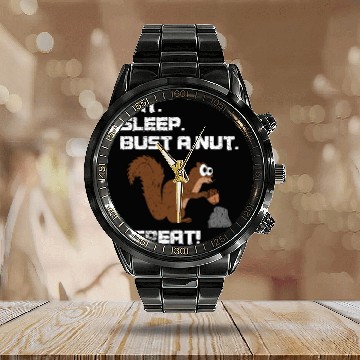 Discover Eat Sleep Bust A Nut Repeat, Squirrel Pun Calendar Steel Band Watch