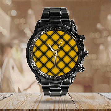 Discover Tartan Touch A Yellow and Black Pattern Calendar Steel Band Watch