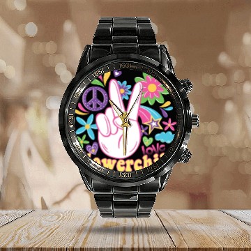 Discover Hippie Peace Groovy FlowerPower Boho Woodstock Calendar Steel Band Watch