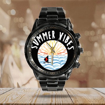 Discover illustration sun sea boat summer vibes Calendar Steel Band Watch