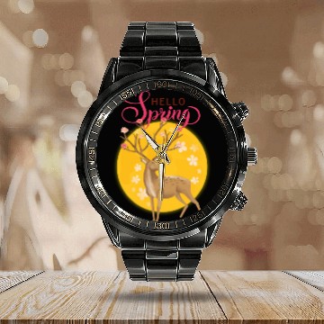 Discover Hello Spring with cute deer Calendar Steel Band Watch