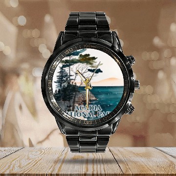 Discover Acadia National Park Watercolor Calendar Steel Band Watch