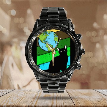 Discover Black Cat Earth Day Retro Kitten Lover Environment Calendar Steel Band Watch
