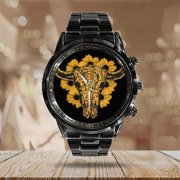 Discover Bull Skull Sunflower Calendar Steel Band Watch