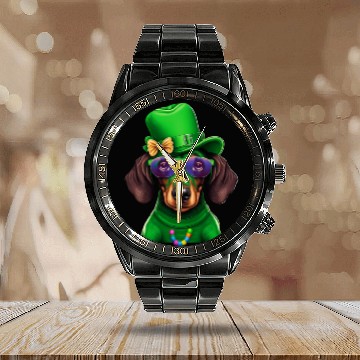 Discover St. Patricks Day Dachshund Wiener Dog Shamrock Calendar Steel Band Watch
