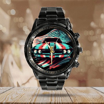 Discover Muscle car american flag backround Calendar Steel Band Watch