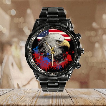 Discover Bald Eagle Patriotic American Bird US Flag Calendar Steel Band Watch