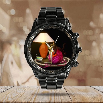 Discover Cat reading book on a ball of wool Calendar Steel Band Watch