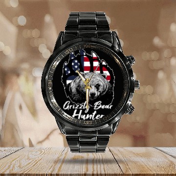 Discover US Flag Grizzly Bear Hunting Patriotic Hunters Calendar Steel Band Watch