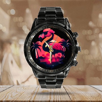 Discover Retro Sunset Pink Flamingo Summer Design Flamingo Calendar Steel Band Watch