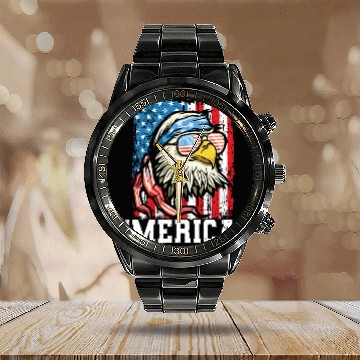 Discover 4th of July Bald Eagle USA Flag Patriotic Merica Calendar Steel Band Watch