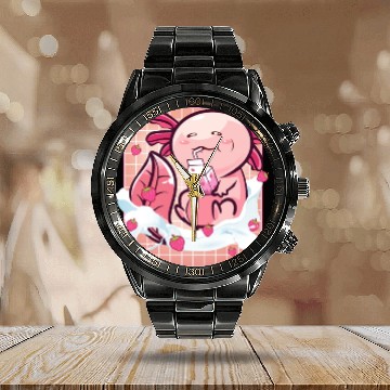 Discover Kawaii Axolotl Strawberry Milk Shake Funny Sushi Calendar Steel Band Watch