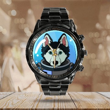 Discover Husky Dog Cosmonaut Dog Lover Puppy Retro Calendar Steel Band Watch