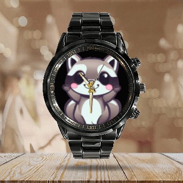 Discover cute chibi raccoon Calendar Steel Band Watch