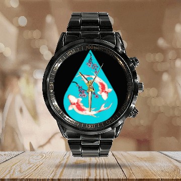 Discover Serenity Koi Fish Raindrop Cheri Blossom Zen Calendar Steel Band Watch