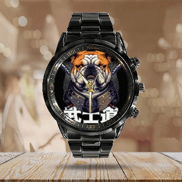 Discover Japanese Samurai Bushido Bulldog Katana Pet Dog Calendar Steel Band Watch