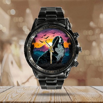Discover Bernese Mountain Dog with Mountain Sunrise view Calendar Steel Band Watch