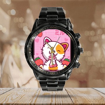 Discover Kawaii Kitten Cute Cat Strawberry Milk Shake Calendar Steel Band Watch