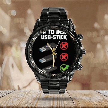Discover How To Insert USB Stick Funny Programmer Meme Calendar Steel Band Watch