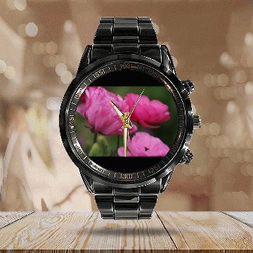 Discover Closeup Deep Peony Pink Ranunculus Calendar Steel Band Watch